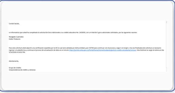 sexto paso SOLICITUD GIRO ADICIONAL icetex